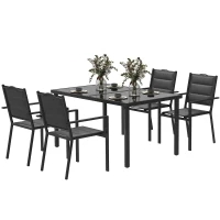 Outsunny 5 Piece Outdoor Dining Set w/ 4 Stackable Chairs, Rectangle Table, Tempered Glass Top, Steel Frame, Black(m-2)