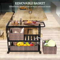 Outsunny Outdoor Bar Cart with Side Handle, 3-Tier Rolling Cart on Wheels with Removable Rattan Basket, Mixed-Brown(m-5)