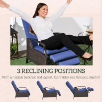 Outsunny Outdoor Rattan Recliner Chair, Wicker Reclining Chair with Adjustable Back Retractable Footrest Cushion Dark Blue(m-4)