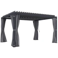Outsunny 10' x 13' Outdoor Retractable Pergola w/ Sun Shade Louvered Top, Pergola w/ Canopy, Curtains, Netting, Dark Gray(m-12)
