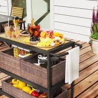 Outsunny Outdoor Bar Cart with Side Handle, 3-Tier Rolling Cart on Wheels with Removable Rattan Basket, Mixed-Brown(m-10)