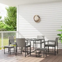 Outsunny 9 Pieces Wicker Patio Dining Set with 4 Armchairs, 4 Stools, Tempered Glass Top, Removable Cushions, Light Grey(m-1)