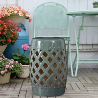 Outsunny 13" x 18" Ceramic Garden Stool with Woven Lattice Design & Glazed Strong Materials Decorative Outdoor Stool, Green(m-2)