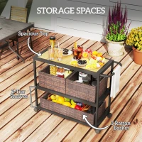 Outsunny Outdoor Bar Cart with Side Handle, 3-Tier Rolling Cart on Wheels with Removable Rattan Basket, Mixed-Brown(m-4)