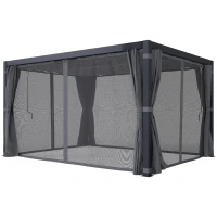 Outsunny 10' x 13' Outdoor Retractable Pergola w/ Sun Shade Louvered Top, Pergola w/ Canopy, Curtains, Netting, Dark Gray(m-1)