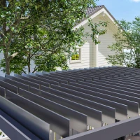 Outsunny 10' x 13' Outdoor Retractable Pergola w/ Sun Shade Louvered Top, Pergola w/ Canopy, Curtains, Netting, Dark Gray(m-9)