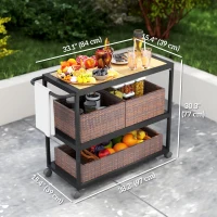 Outsunny Outdoor Bar Cart with Side Handle, 3-Tier Rolling Cart on Wheels with Removable Rattan Basket, Mixed-Brown(m-3)