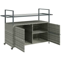 Outsunny 2-Tier Shelf PE Rattan Outdoor Bar Table, Glass Top Outdoor Serving Cart with Cabinet, Mixed Gray(m-12)