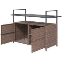Outsunny 2-Tier Shelf PE Rattan Outdoor Bar Table, Glass Top Outdoor Serving Cart with Cabinet, Mixed Brown(m-1)