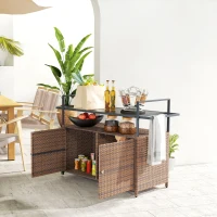 Outsunny 2-Tier Shelf PE Rattan Outdoor Bar Table, Glass Top Outdoor Serving Cart with Cabinet, Mixed Brown(m-10)