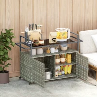 Outsunny 2-Tier Shelf PE Rattan Outdoor Bar Table, Glass Top Outdoor Serving Cart with Cabinet, Mixed Gray(m-9)