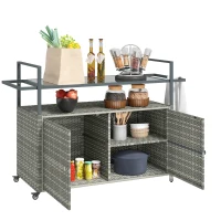 Outsunny 2-Tier Shelf PE Rattan Outdoor Bar Table, Glass Top Outdoor Serving Cart with Cabinet, Mixed Gray(m-11)