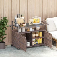 Outsunny 2-Tier Shelf PE Rattan Outdoor Bar Table, Glass Top Outdoor Serving Cart with Cabinet, Mixed Brown(m-9)