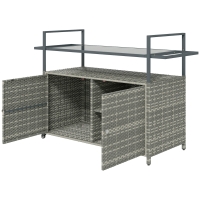 Outsunny 2-Tier Shelf PE Rattan Outdoor Bar Table, Glass Top Outdoor Serving Cart with Cabinet, Mixed Gray