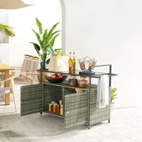Outsunny 2-Tier Shelf PE Rattan Outdoor Bar Table, Glass Top Outdoor Serving Cart with Cabinet, Mixed Gray(m-10)