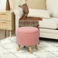 HOMCOM Round Ottoman Stool with Storage, Linen Upholstered Foot Stool with Padded Seat, Hidden Space and Wood Legs, Pink(m-10)