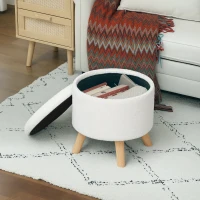 HOMCOM Round Ottoman Stool with Storage, Linen Upholstered Foot Stool with Padded Seat, Hidden Space and Wood Legs, White(m-8)