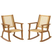 Outsunny Outdoor Lawn Rocking Chair Set of 2, Acacia Wood Patio Rocking Chairs with Wicker Back and Seat for Garden, Khaki