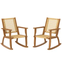 Outsunny Outdoor Lawn Rocking Chair Set of 2, Acacia Wood Patio Rocking Chairs with Wicker Back and Seat for Garden, Khaki(m-1)