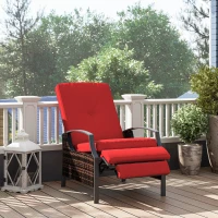 Outsunny Outdoor Rattan Recliner Chair, Wicker Reclining Chair with Adjustable Back Retractable Footrest Cushion Wine Red(m-9)