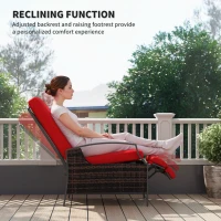 Outsunny Outdoor Rattan Recliner Chair, Wicker Reclining Chair with Adjustable Back Retractable Footrest Cushion Wine Red(m-5)