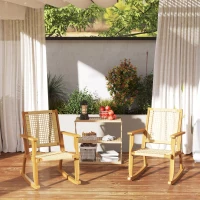 Outsunny Outdoor Lawn Rocking Chair Set of 2, Acacia Wood Patio Rocking Chairs with Wicker Back and Seat for Garden, Khaki(m-10)