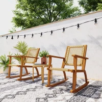 Outsunny Outdoor Lawn Rocking Chair Set of 2, Acacia Wood Patio Rocking Chairs with Wicker Back and Seat for Garden, Khaki(m-8)