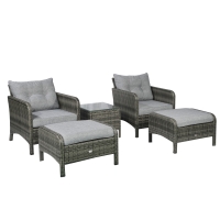Outsunny 5 Pieces Rattan Wicker Lounge Chair Outdoor Patio Conversation Set with 2 Cushioned Chairs, 2 Ottomans and Tempered Glass Top Coffee Table, Gray/Light Gray