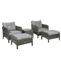 Outsunny 5 Pieces Rattan Wicker Lounge Chair Outdoor Patio Conversation Set with 2 Cushioned Chairs, 2 Ottomans and Tempered Glass Top Coffee Table, Gray/Light Gray(m-1)