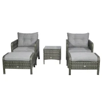 Outsunny 5 Pieces Rattan Wicker Lounge Chair Outdoor Patio Conversation Set with 2 Cushioned Chairs, 2 Ottomans and Tempered Glass Top Coffee Table, Gray/Light Gray(m-11)