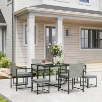 Outsunny 9 Pieces Wicker Patio Dining Set with 4 Armchairs, 4 Stools, Tempered Glass Top, Removable Cushions, Light Grey(m-8)