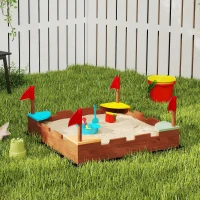 Qaba Kids Wooden Sandbox with Flags, 4 Colorful Built-in Corner Seating, Ground Liner, Gift for Ages 3-7, Wooden Brown(m-1)