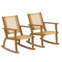 Outsunny Outdoor Lawn Rocking Chair Set of 2, Acacia Wood Patio Rocking Chairs with Wicker Back and Seat for Garden, Khaki(m-11)