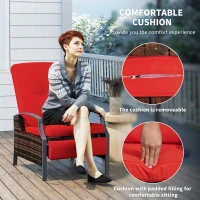 Outsunny Outdoor Rattan Recliner Chair, Wicker Reclining Chair with Adjustable Back Retractable Footrest Cushion Wine Red(m-6)