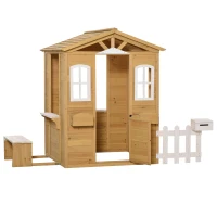 Outsunny Wooden Kids Playhouse with Door Windows Mailbox Flower Pot Holder Serving Station Bench Yellow(m-11)