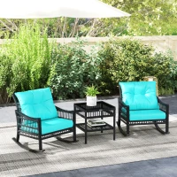 Outsunny 3 Piece Outdoor PE Rattan Rocker Chair Set, Rocking Chair with Tempered Glass Table Top, Turquoise Green(m-2)