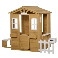 Outsunny Wooden Kids Playhouse with Door Windows Mailbox Flower Pot Holder Serving Station Bench Yellow(m-2)