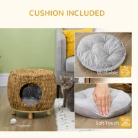 PawHut Wicker Cat Bed with Washable Cushion, Elevated Rattan Kitten Bed for Indoor Cats, Light Brown(m-6)