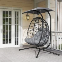Outsunny Double Wicker Egg Swing Chair with Canopy, Foldable Hanging Egg Chair with Stand Cushion Headrest, Black(m-10)