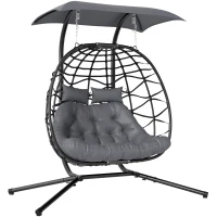 Outsunny Double Wicker Egg Swing Chair with Canopy, Foldable Hanging Egg Chair with Stand Cushion Headrest, Black(m-11)
