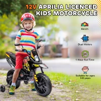 Qaba 12V Aprilia Licenced Kids Electric Motorcycle, Battery-Powered Dirt Bike with Training Wheels for Aged 3-8, Yellow(m-4)