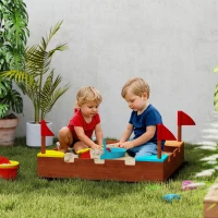 Qaba Kids Wooden Sandbox with Flags, 4 Colorful Built-in Corner Seating, Ground Liner, Gift for Ages 3-7, Wooden Brown(m-8)