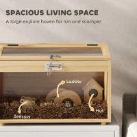 PawHut 22"L Hamster Cage with Openable Top & Acrylic Windows, Small Animal Cage with Hut, Seesaw, Ladder, Natural Wood(m-4)