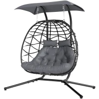 Outsunny Double Wicker Egg Swing Chair with Canopy, Foldable Hanging Egg Chair with Stand Cushion Headrest, Black(m-2)