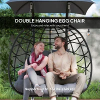 Outsunny Double Wicker Egg Swing Chair with Canopy, Foldable Hanging Egg Chair with Stand Cushion Headrest, Black(m-4)