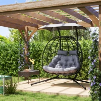 Outsunny Double Wicker Egg Swing Chair with Canopy, Foldable Hanging Egg Chair with Stand Cushion Headrest, Black(m-8)