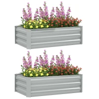 Outsunny Set of 2 Galvanized Raised Beds for Garden, Outdoor Planter Box for Flowers, Herbs and Vegetables, Light Grey(m-11)