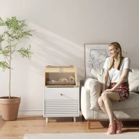 PawHut 22"L Hamster Cage with Openable Top & Acrylic Windows, Small Animal Cage with Hut, Seesaw, Ladder, Natural Wood(m-10)