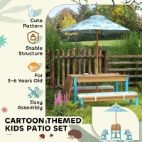 Qaba Kids Picnic Table and Bench Set with Removable Umbrella, Cushions & Boxes, Dinosaur Theme for Outdoor, Blue(m-9)