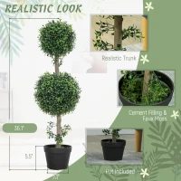 HOMCOM Set of 2 Artificial Ball Boxwood Topiary Trees, Fake Plants in Pot for Indoor Outdoor Living Room Green(m-4)